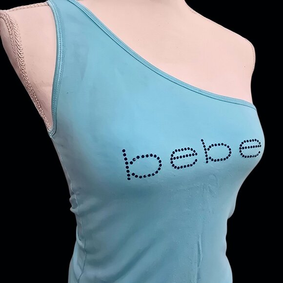 Bebe One-Shoulder Rhinestone Tank | Sky Blue Y2K Logo Diva XS - Picture 4 of 10